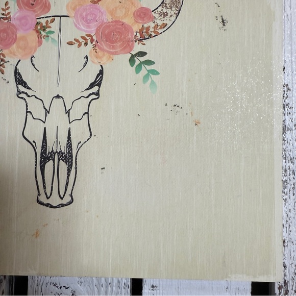 Boho Vibes Floral Bull Skull Print Wall Hanging Home Decor 12”x12” Distress Look - Picture 4 of 8